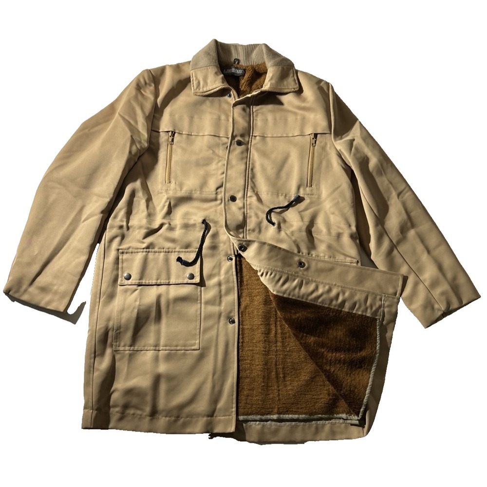 VTG 90s Laurianio Tan Trench Coat Jacket Mens Pockets Faux Fur Lining Large